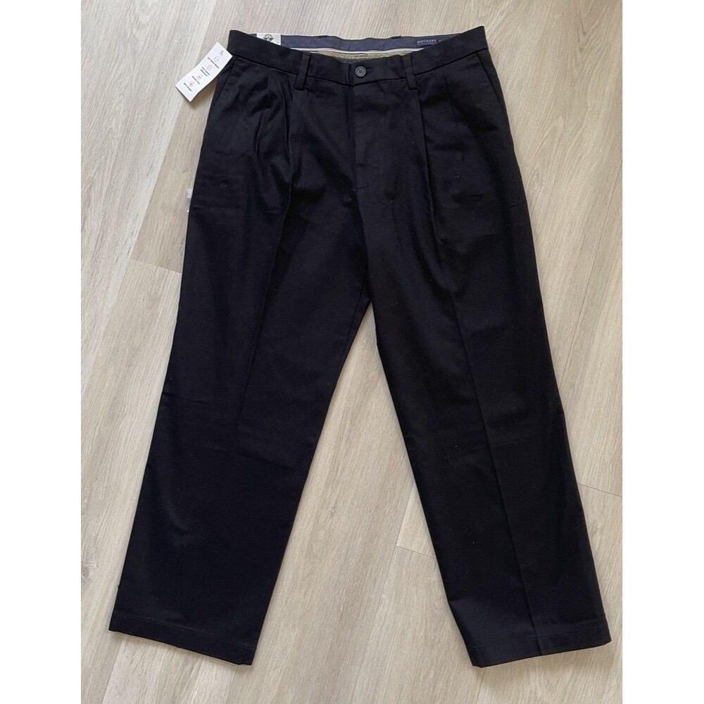 Dockers Signature Khaki Men Black Classic Fit Pleated Twill Stretch Pants 34